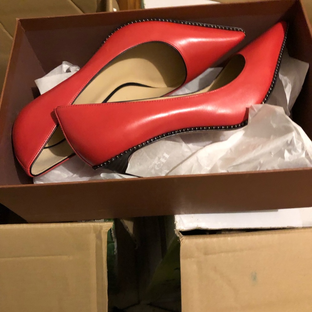 Coach Red Pointed Toe Studded Trim Stiletto Heels - Picture 3 of 7
